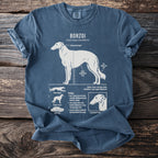 Blue t-shirt with white illustration and text about Borzoi dog breeds.
