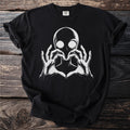 Black t-shirt with white alien head and hands forming a heart.