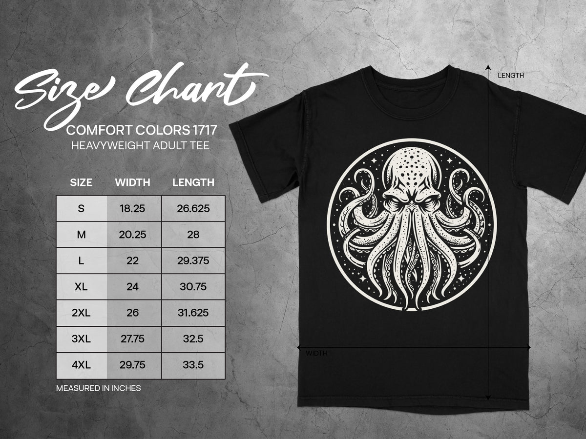 Comfort Colors 1717 heavyweight adult tee size chart with octopus graphic.