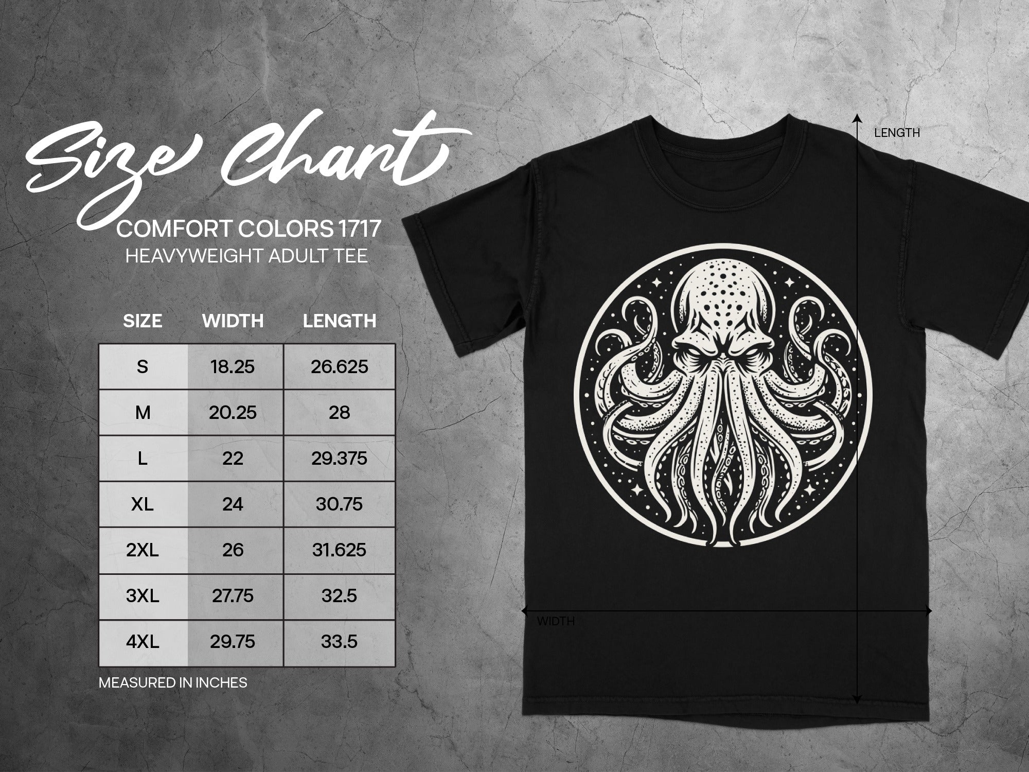 Comfort Colors 1717 heavyweight adult tee size chart with octopus graphic.