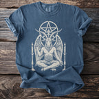 T-shirt with Baphomet design, a pentagram, and two candles.