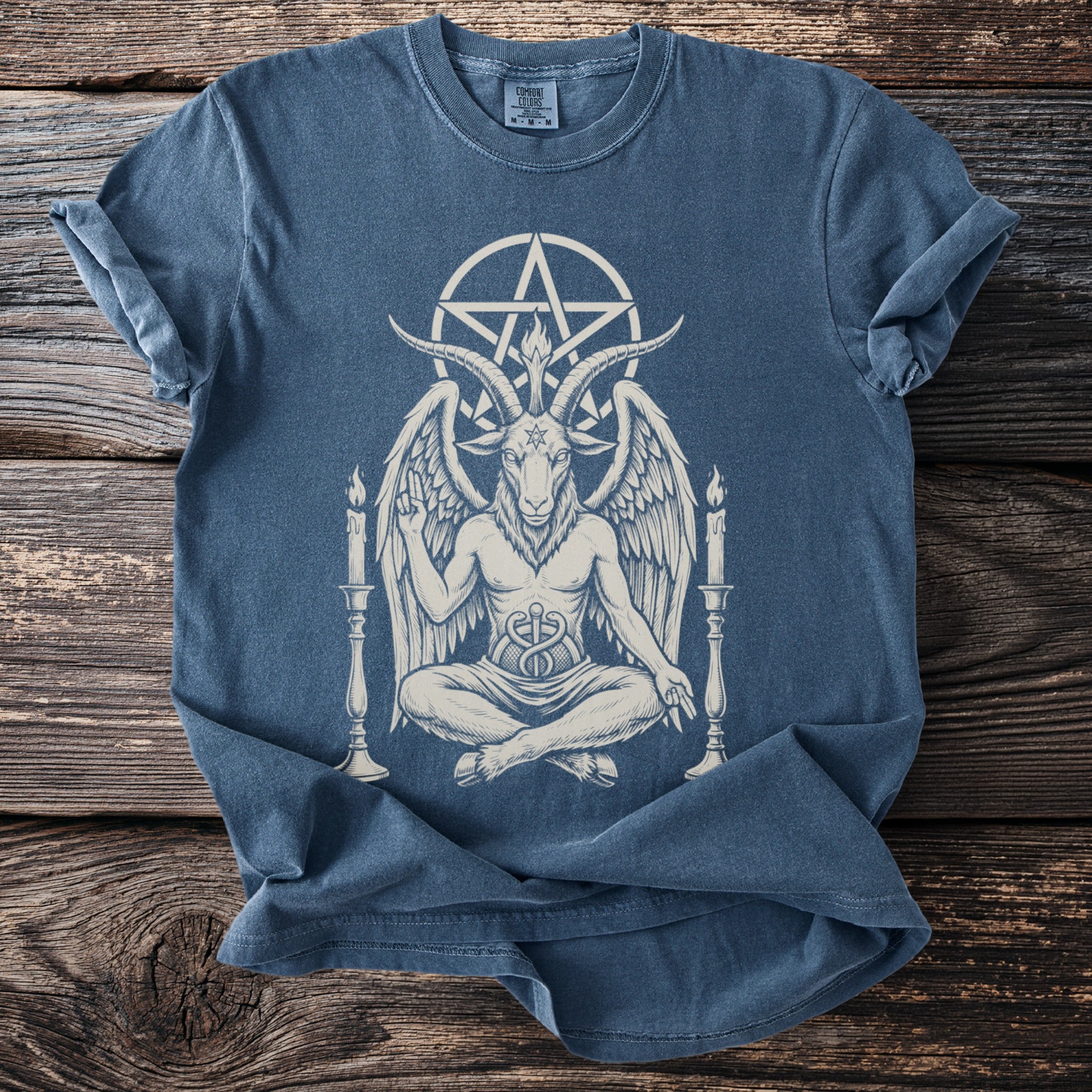 T-shirt with Baphomet design, a pentagram, and two candles.