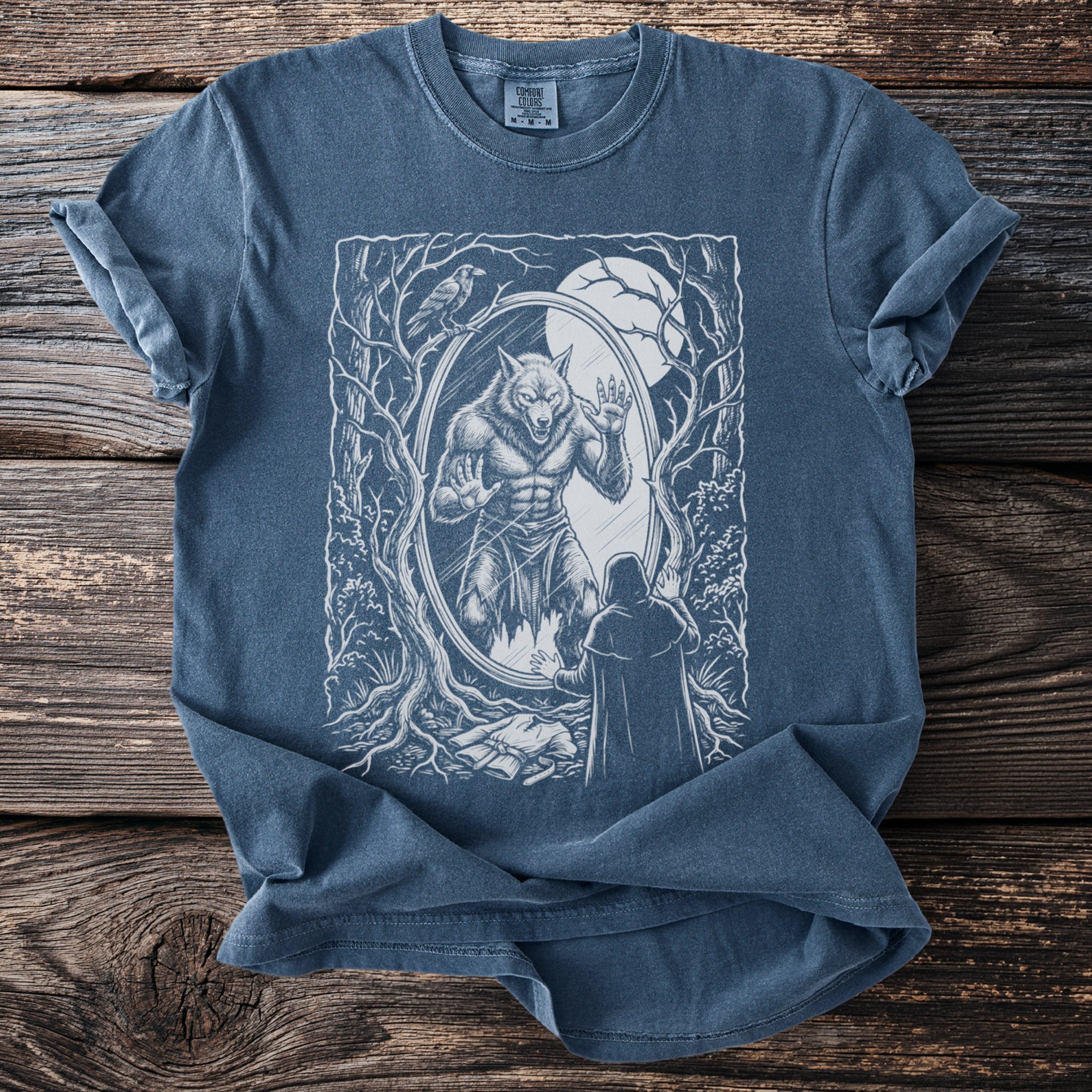 Werewolf reflection in a mirror in a forest, with a cloaked figure watching.