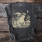 Dark gray t-shirt with distressed print of a wizard frog, mushrooms, and stars.