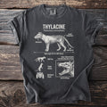 Dark grey t-shirt featuring scientific illustration of a thylacine with labeled anatomical features.