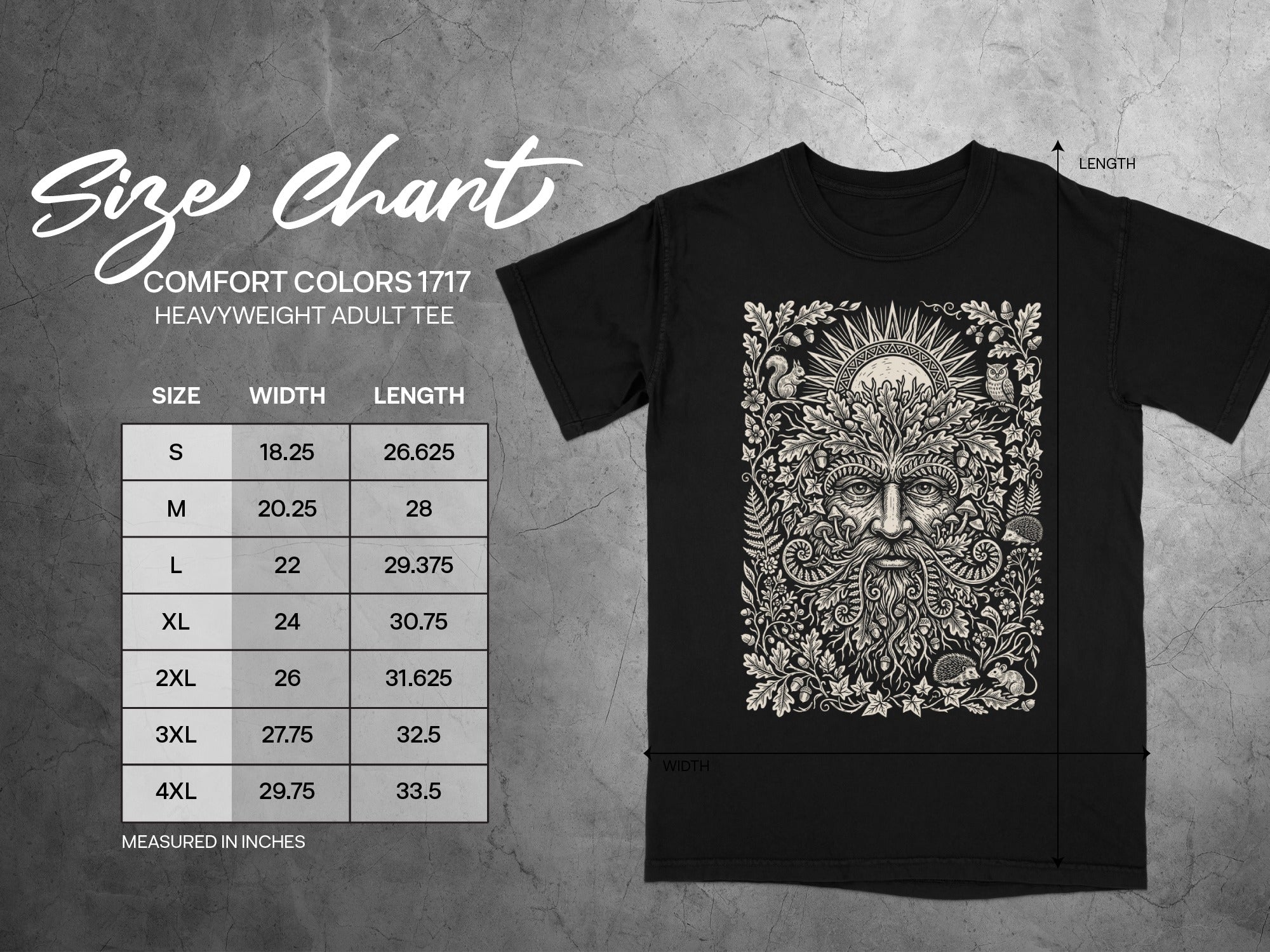 Comfort Colors 1717 heavyweight adult tee size chart with measurements in inches.