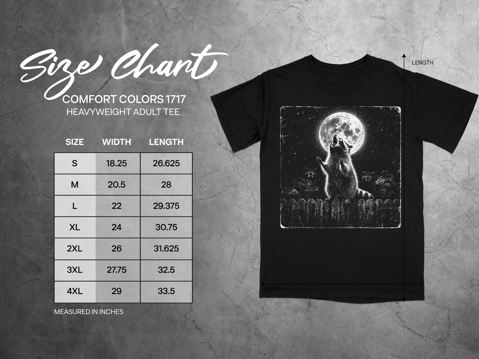 Size chart for Comfort Colors 1717 heavyweight adult tee with raccoon graphic.