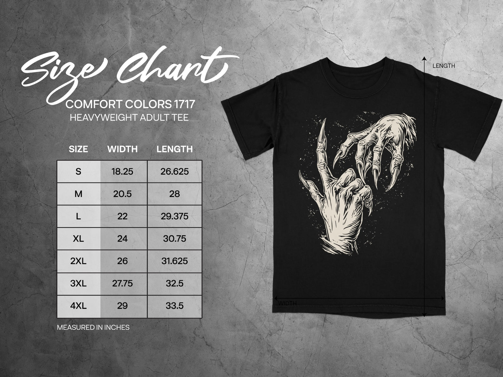 Comfort Colors 1717 heavyweight adult tee size chart showing width and length in inches.