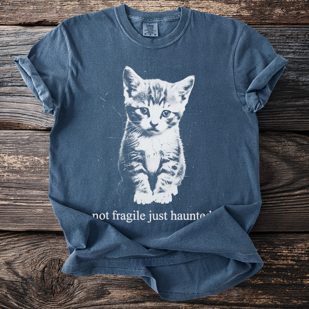 Blue t-shirt with kitten graphic and text "not fragile just haunted".
