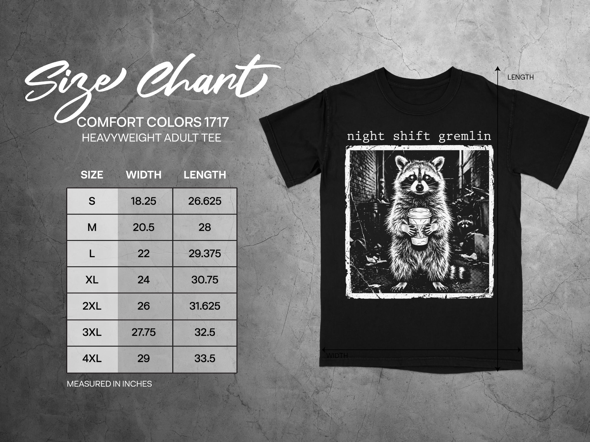 Size chart for a heavyweight adult tee with raccoon graphic and "night shift gremlin" text.