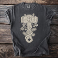 Dark gray t-shirt with a stylized wooden hammer graphic intertwined with branches.