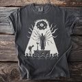 Dark t-shirt with a graphic of a tall figure with tentacles addressing a seated audience.