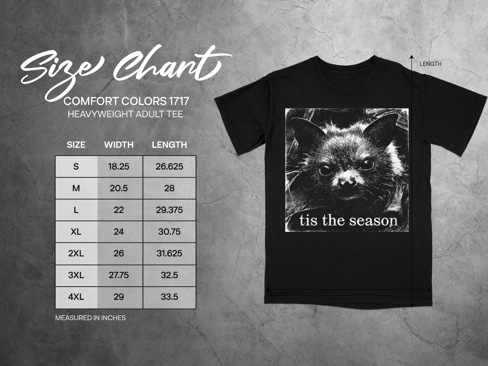 Comfort Colors 1717 garment size chart in inches.
