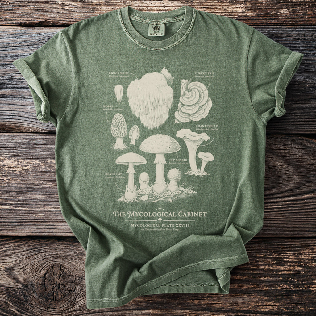 Green t-shirt featuring an illustration of various mushrooms labeled "The Mygalogical Cabinet".