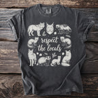 Charcoal t-shirt with illustrations of woodland animals and text "respect the locals".