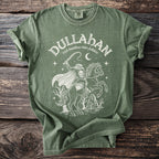 Dullahan Irish Headless Rider Folklore graphic tee on green shirt.