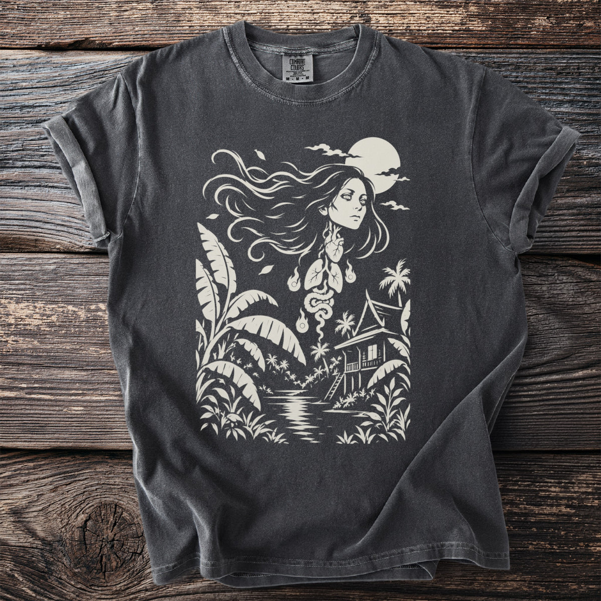Woman with flowing hair, internal organs, and a tropical hut under the moon.