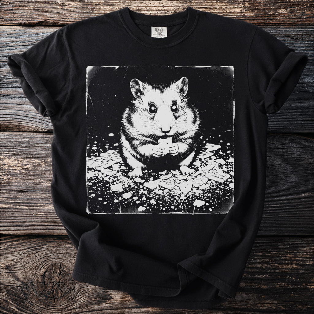 Black t-shirt with a white ink stylized drawing of a hamster eating food.