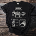 Black t-shirt with Numbat illustration and facts about its anatomy and behavior.