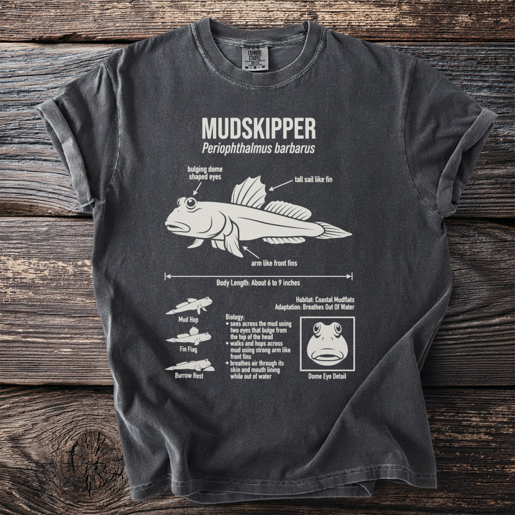 Mudskipper scientific illustration with biological and habitat details on a charcoal t-shirt.