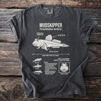 Mudskipper scientific illustration with biological and habitat details on a charcoal t-shirt.
