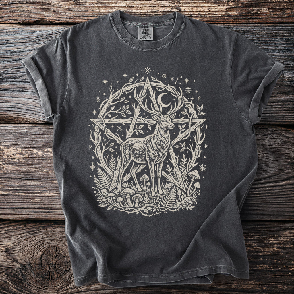 Dark grey t-shirt with a cream colored illustration of a deer within a pentagram.