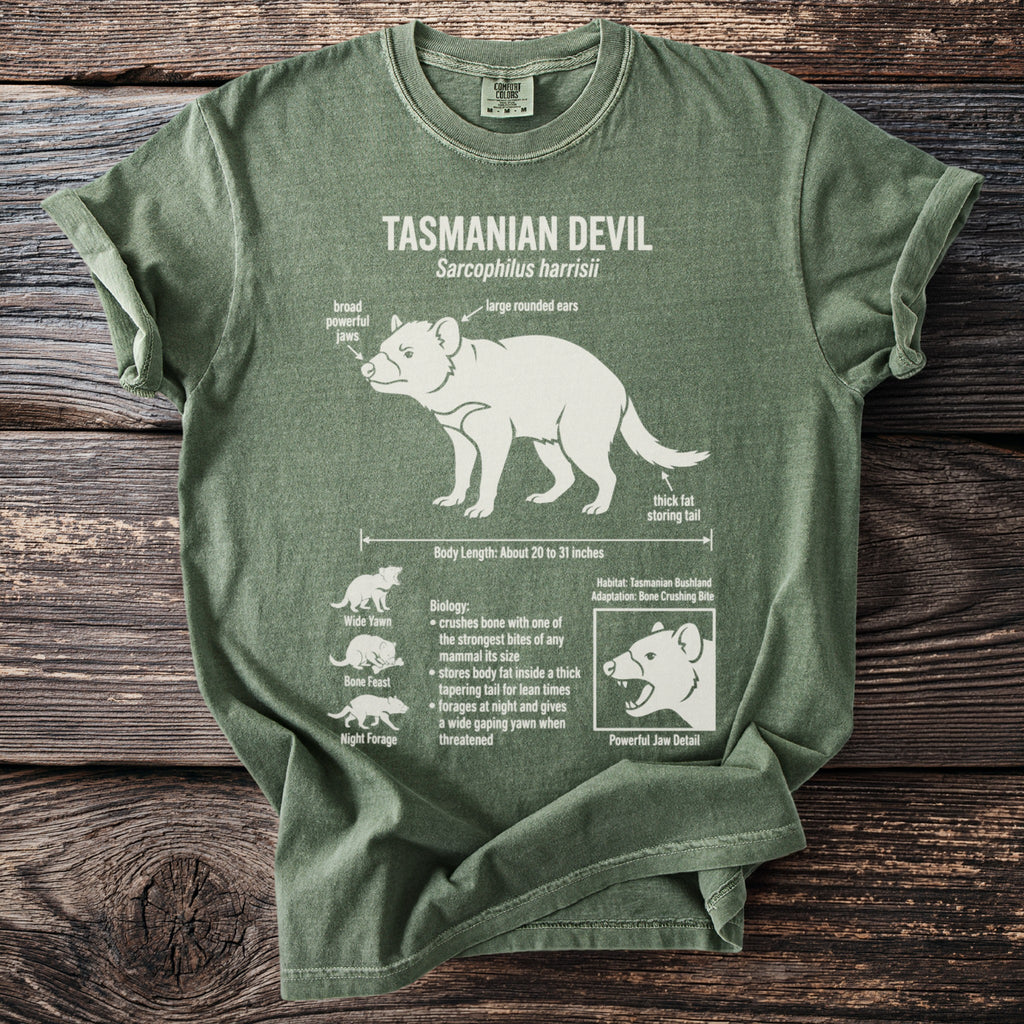 Green t-shirt with scientific illustration of a Tasmanian Devil and its features.