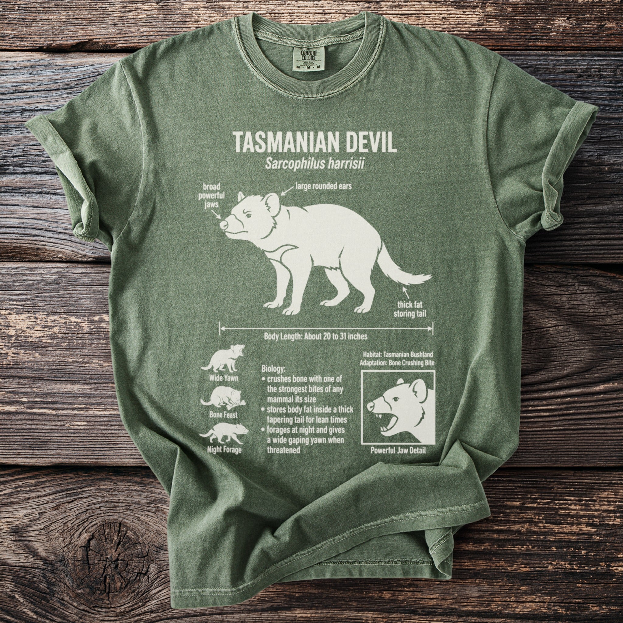 Green t-shirt with scientific illustration of a Tasmanian Devil and its features.