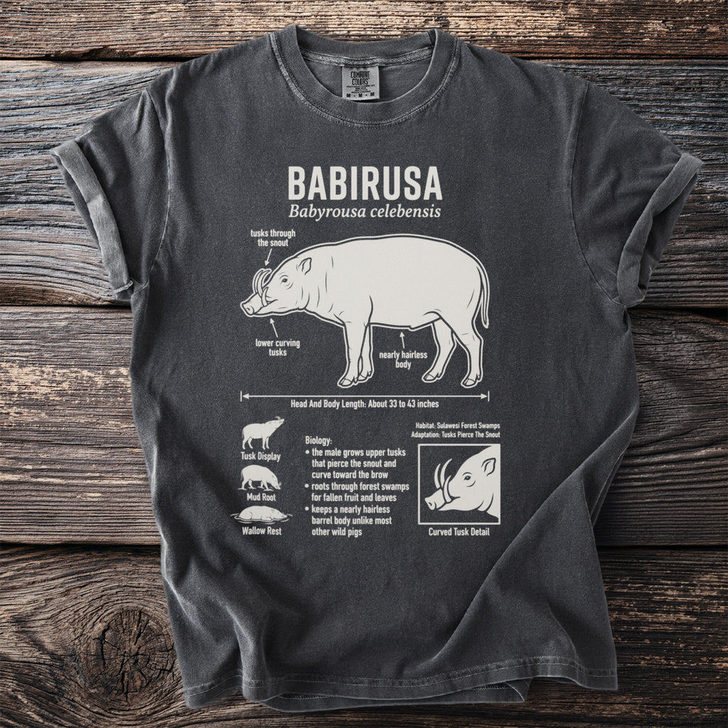 Babirusa t-shirt with a schematic diagram of the animal and its features.