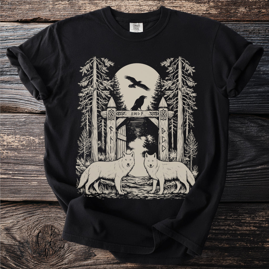 Two wolves stand before a rune-adorned gate with ravens under a moon.