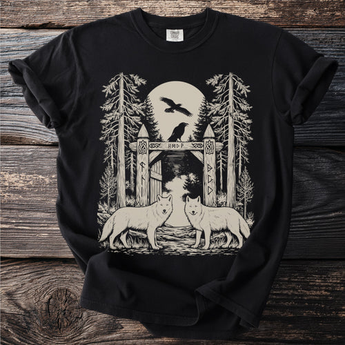 Two wolves stand before a rune-adorned gate with ravens under a moon.