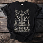 Black t-shirt with Mjolnir, ravens, Yggdrasil, and runic symbols.
