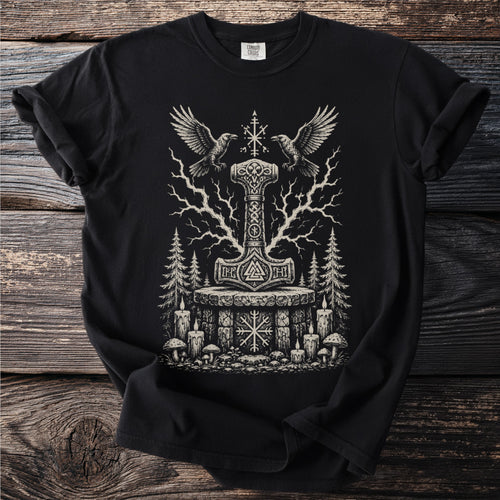 Black t-shirt with Mjolnir, ravens, Yggdrasil, and runic symbols.
