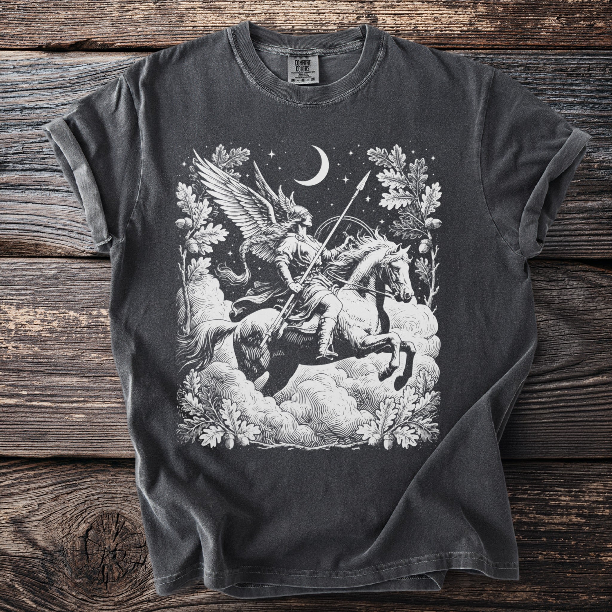 Dark grey t-shirt with winged warrior on horseback under moon, surrounded by oak leaves.
