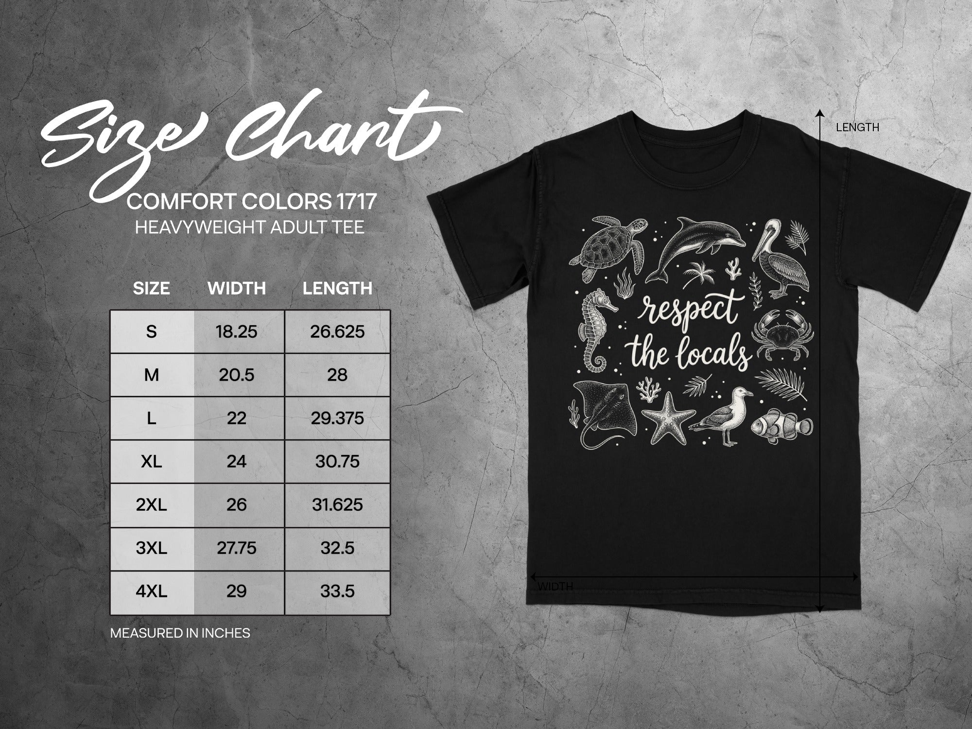 Size chart for Comfort Colors 1717 heavyweight adult tee with marine life graphic.