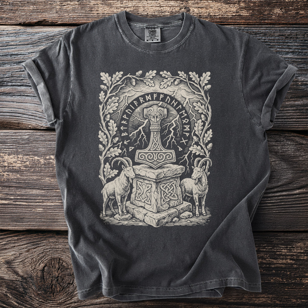 T-shirt with Thor's hammer, goats, oak leaves, and runic inscription.
