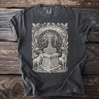 T-shirt with Thor's hammer, goats, oak leaves, and runic inscription.