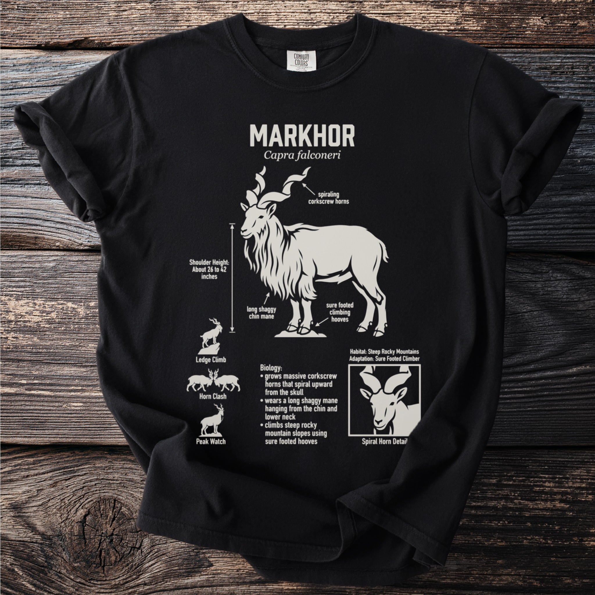 Markhor illustration with biological details, habitat, and adaptations on black t-shirt.