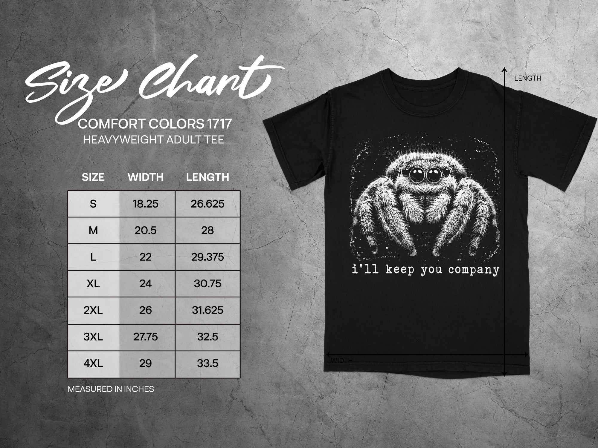 Comfort Colors 1717 garment size chart in inches.