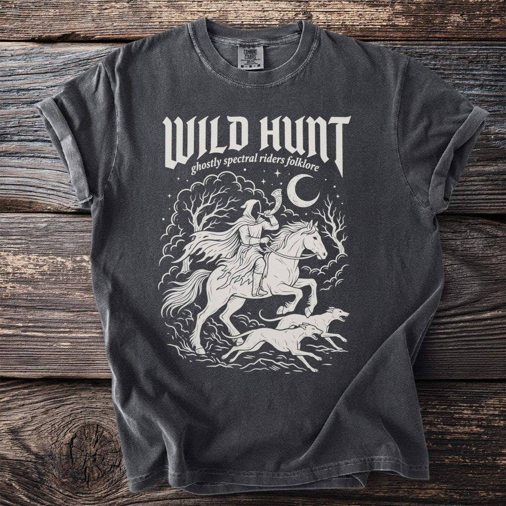 Dark grey t-shirt with white "Wild Hunt" text and spectral rider graphic.