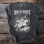 Dark grey t-shirt with white "Wild Hunt" text and spectral rider graphic.