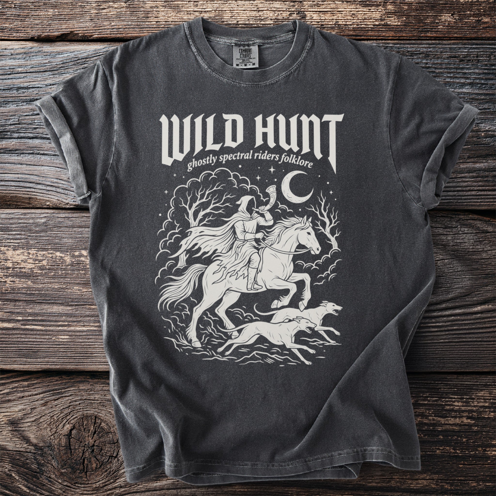 Dark grey t-shirt with white "Wild Hunt" text and spectral rider graphic.