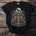 Black t-shirt with a Viking-inspired print of wolves, a raven, and a large gate.