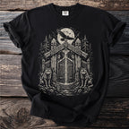 Black t-shirt with a Viking-inspired print of wolves, a raven, and a large gate.