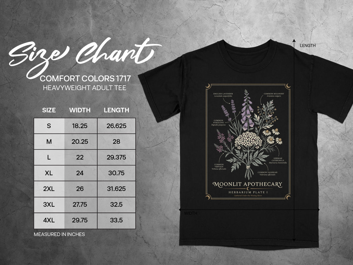Comfort Colors 1717 t-shirt size chart with herbarium graphic.
