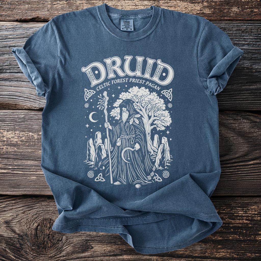 Blue t-shirt with white druid graphic featuring text "Druid Celtic Forest Priest Pagan".