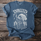 Blue t-shirt with white druid graphic featuring text "Druid Celtic Forest Priest Pagan".