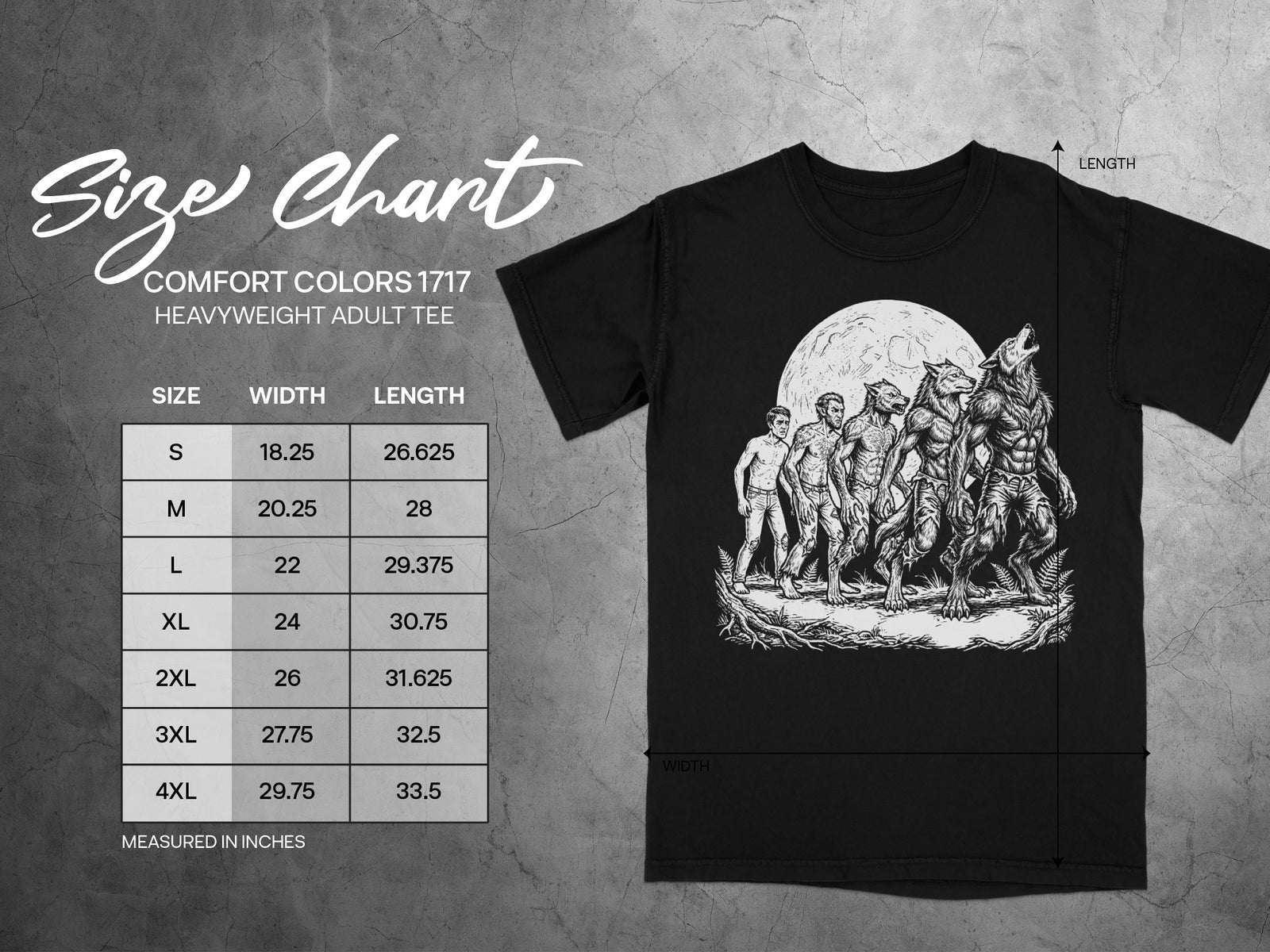 Comfort Colors 1717 heavyweight adult tee size chart with width and length measurements.