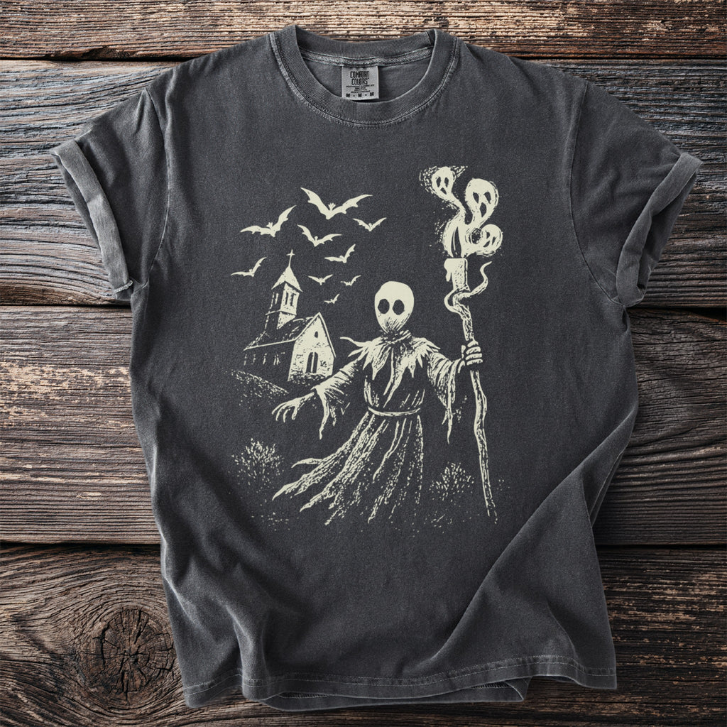 Dark grey t-shirt with a cream graphic of a grim reaper, church, and bats.