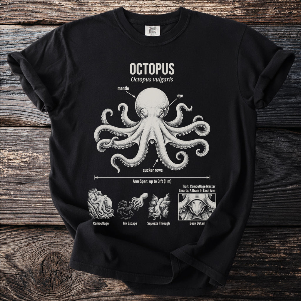 Black t-shirt with diagram showing an octopus, its anatomy, and its traits.